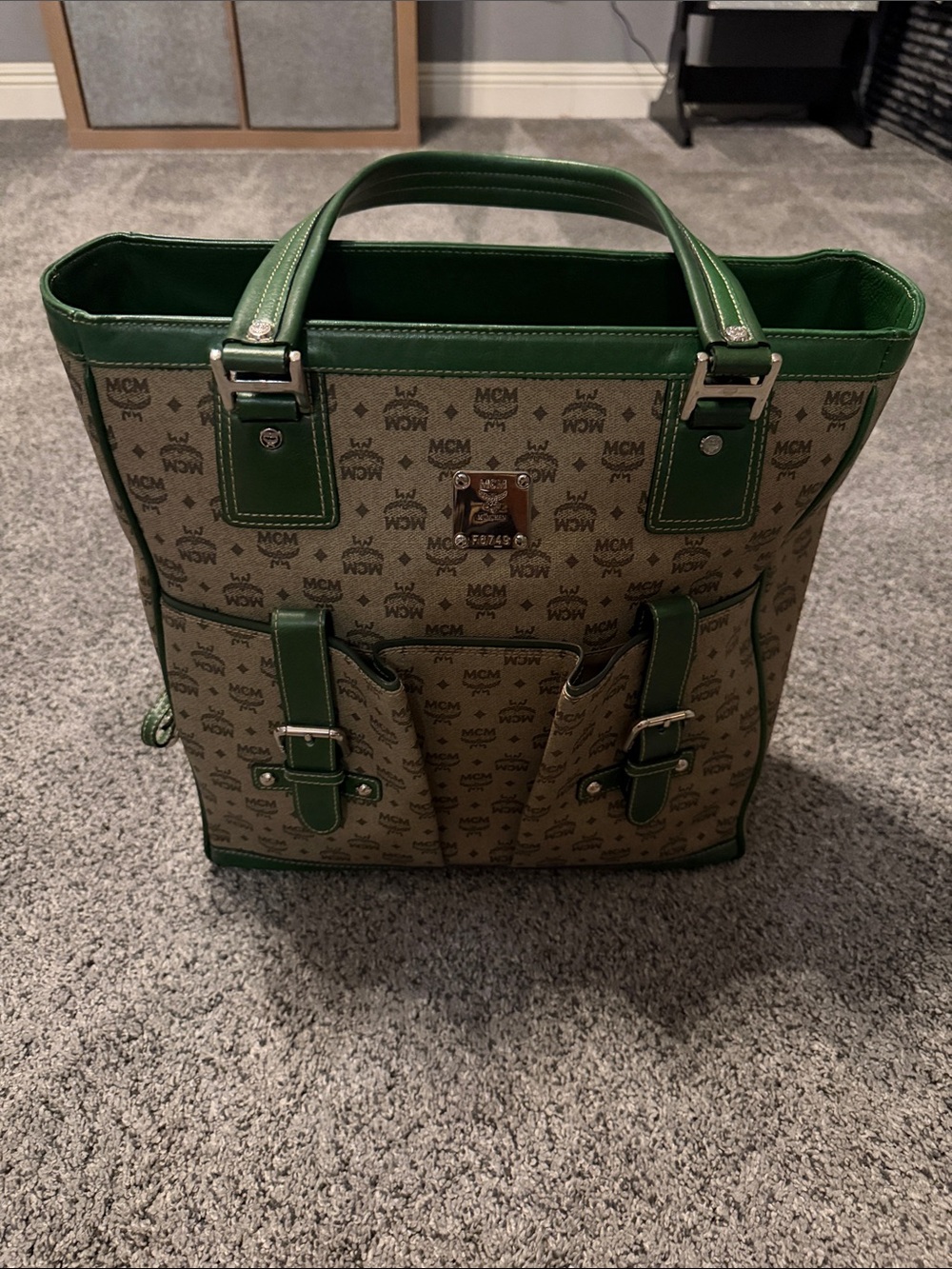 MCM Tan Monogram Leather-Trim Laptop Tote with Green Accents